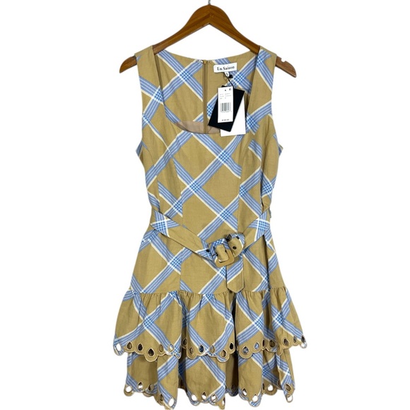 EN SAISON NWT Isla Embroidered Plaid Mini Dress M Belted Eyelet Blue Beige Tan - Picture 6 of 11